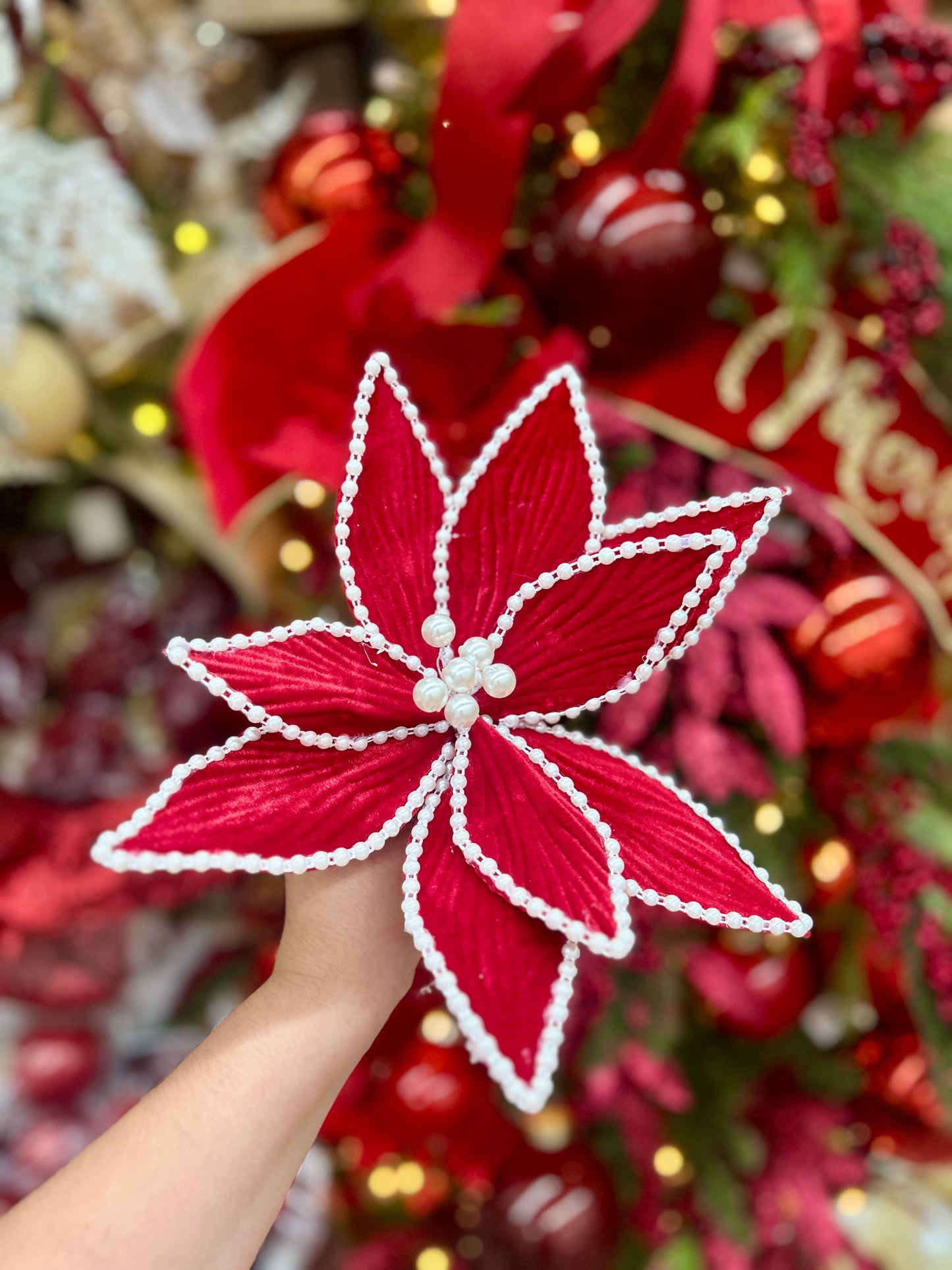 22 Inch Red Velvet Pearl Poinsettia