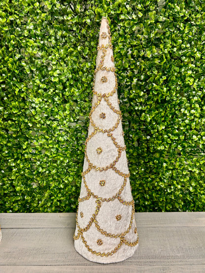 Set Of Two 18 And 24 Inch Ivory Jeweled Scalloped Velvet Cone Tree