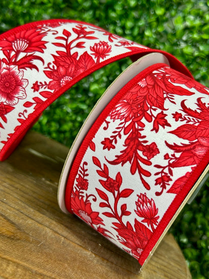 2.5 Inch By 10 Yard Red And White Chinoiserie Floral Fused Ribbon