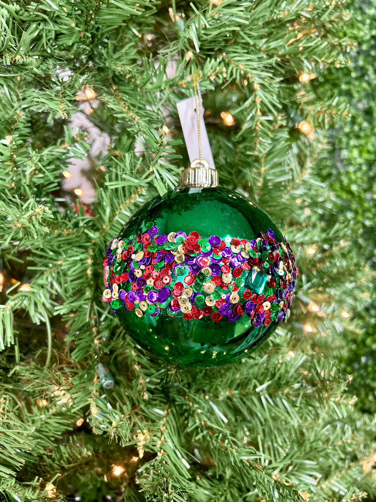 5 Inch Emerald Green With Diamond And Sequin Ornament Ball