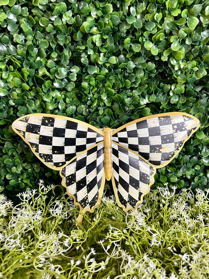 9.75 Inch Black White And Gold Antique Check Butterfly Sign