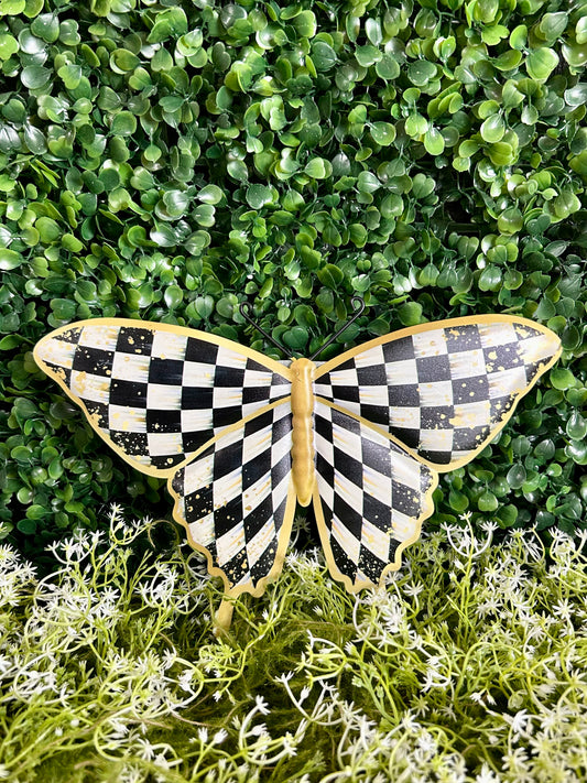 9.75 Inch Black White And Gold Antique Check Butterfly Sign