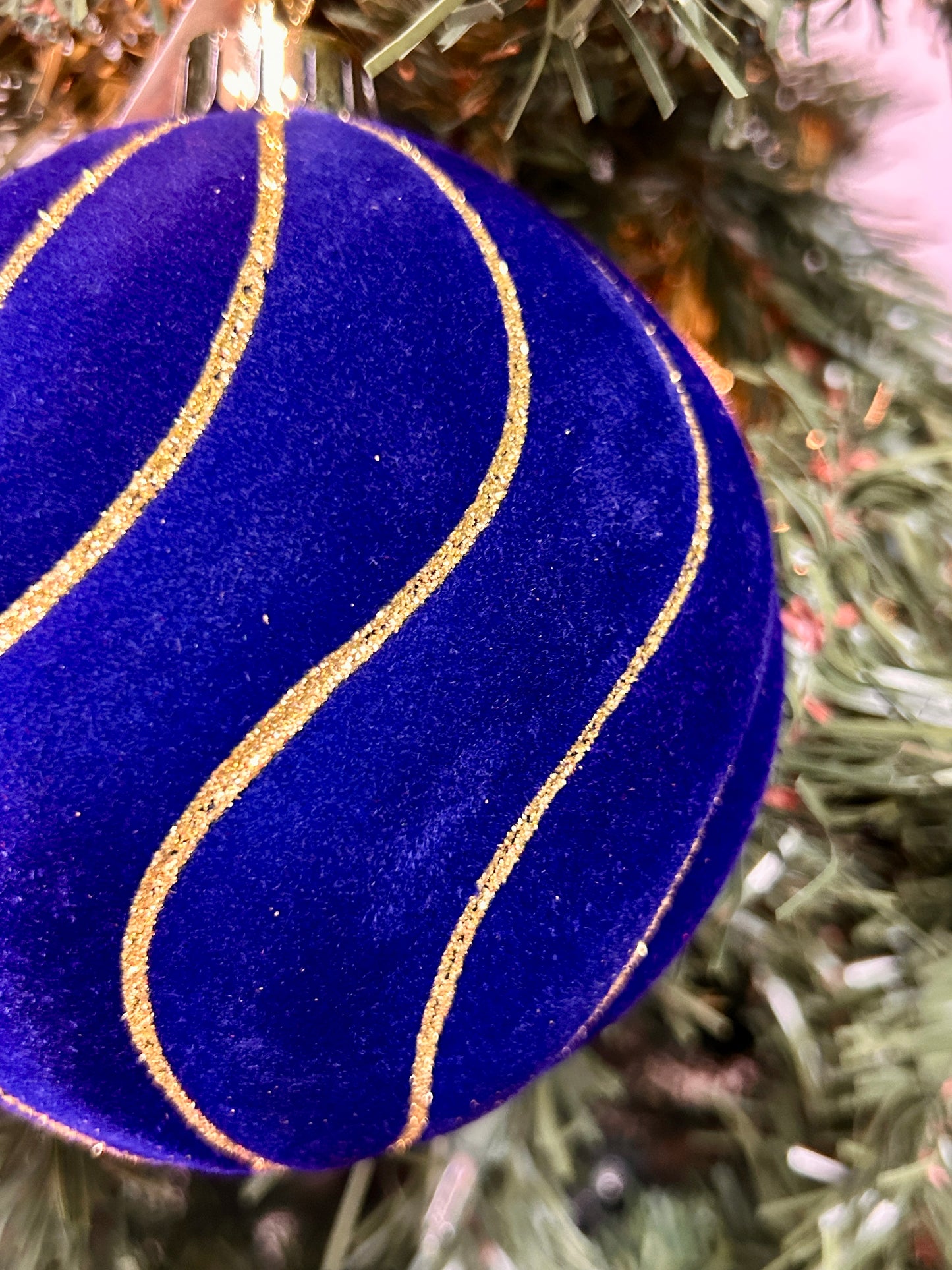 5 Inch Navy And Gold Flocked Glitter Stripe Ball Ornament