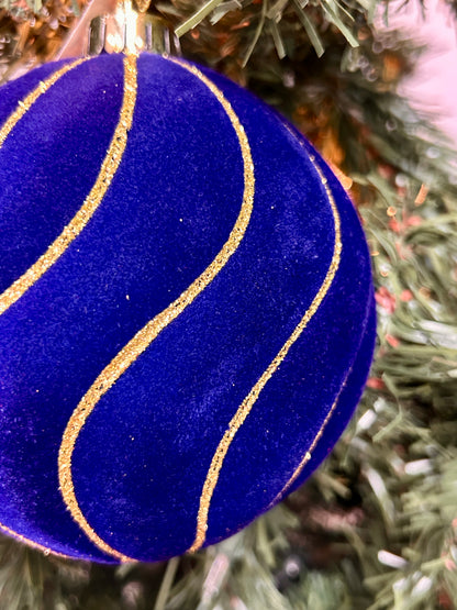 5 Inch Navy And Gold Flocked Glitter Stripe Ball Ornament
