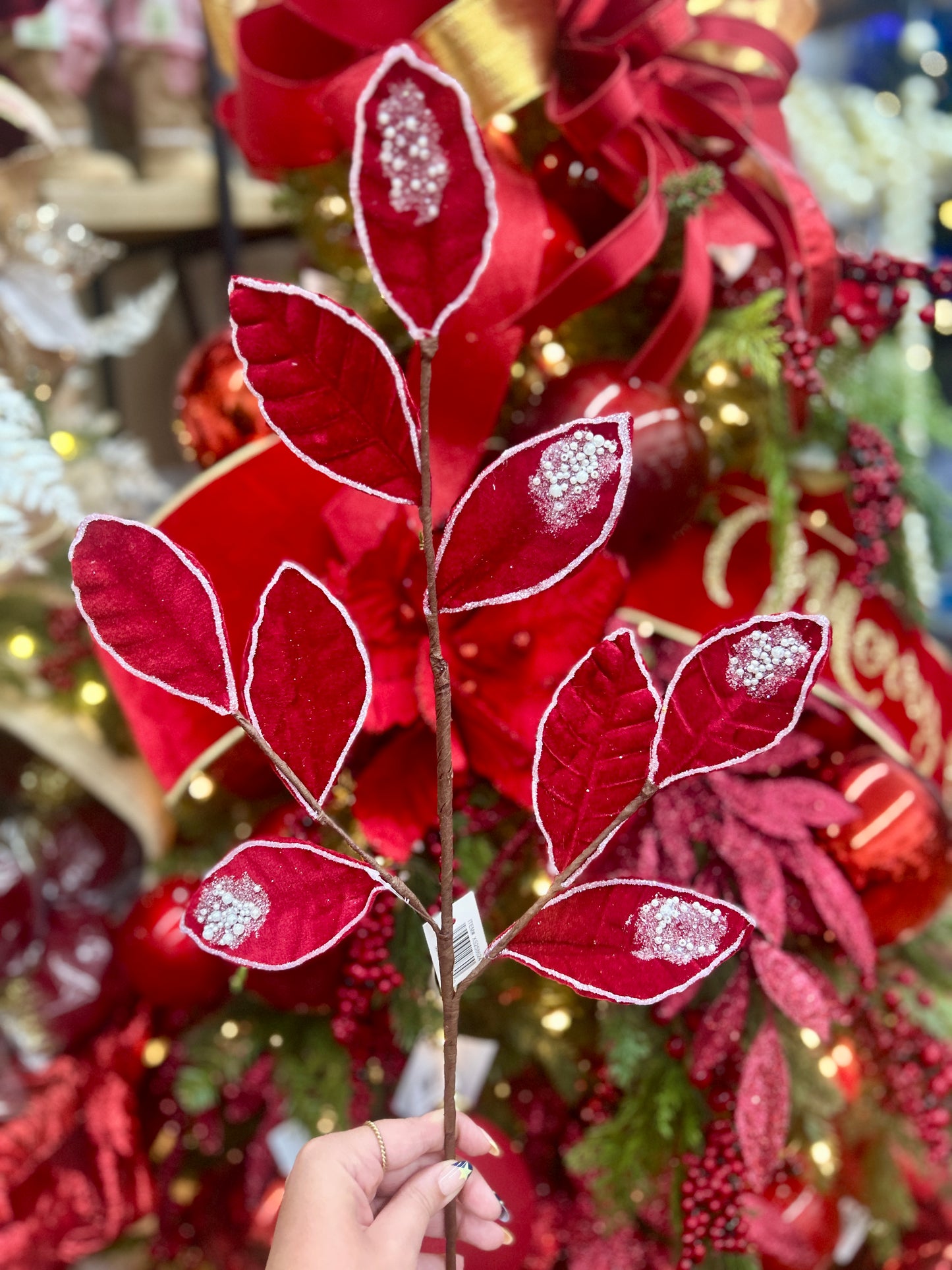 27 Inch Red Pearl Velvet And Glitter Magnolia Leaf Spray