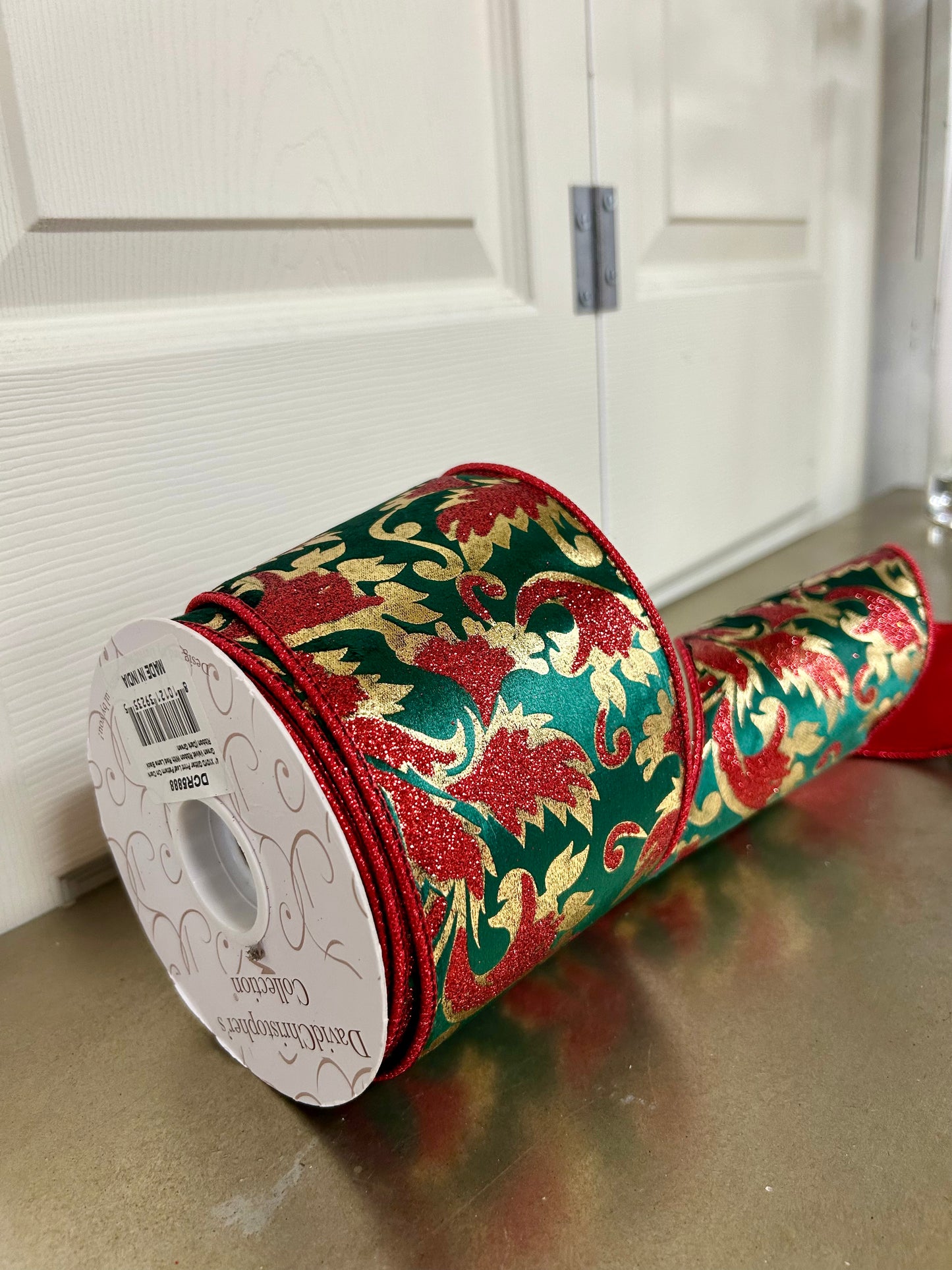 4 Inch By 10 Yard Gold Glitter Print Leaf Pattern On Dark Green Velvet Ribbon