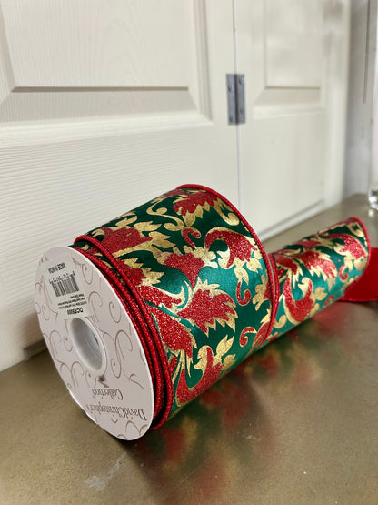 4 Inch By 10 Yard Gold Glitter Print Leaf Pattern On Dark Green Velvet Ribbon