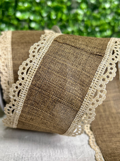 2.5 Inch By 10 Yard Light Beige And Brown Lace Edge Royal Burlap Ribbon