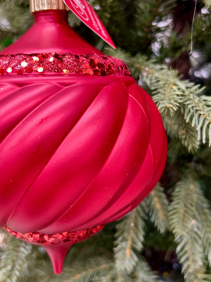 6 Inch Red Shatterproof Swirled Onion Finial With Red Glitz Top And Bottom Ornament