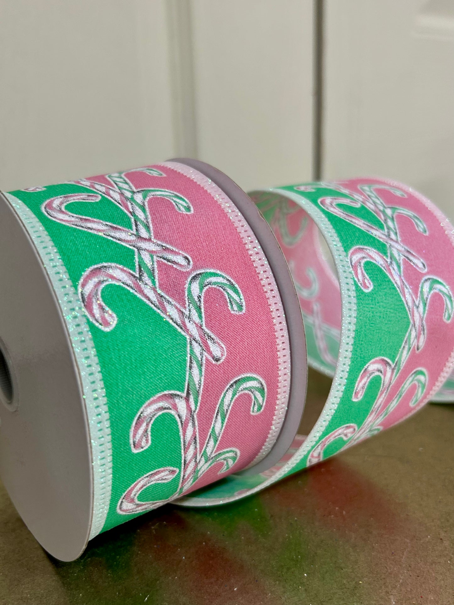 2.5 Inch By 10 Yard Mint Pink White Iridescent Glitter Candy Cane Ribbon