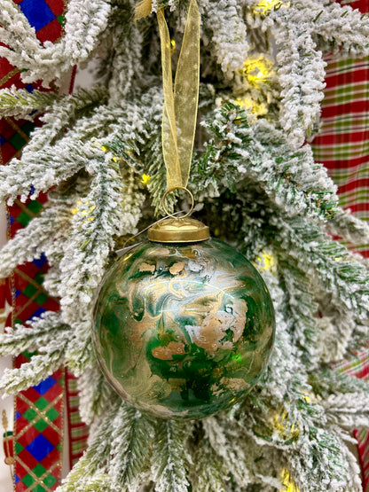 4 Inch Hunter Green Gold And White Marble Glass Ball Ornament