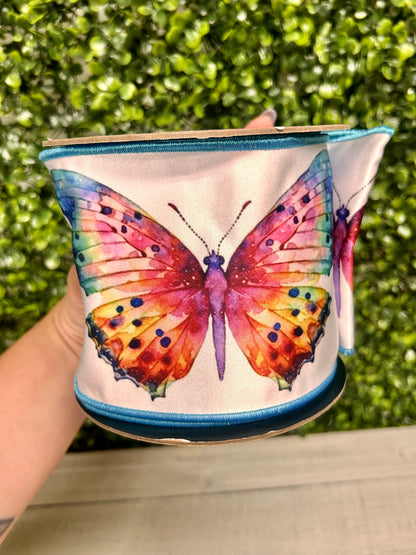 D. Stevens 4 Inch By 10 Yard Aqua Orange And Lavender Colorful Watercolor Butterfly Satin Ribbon