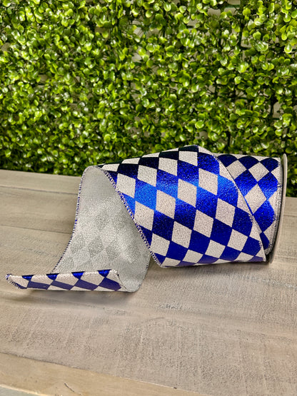 4 Inch By 10 Yard Royal Blue And Silver Harlequin Diamond Glimmer Deluxe Ribbon