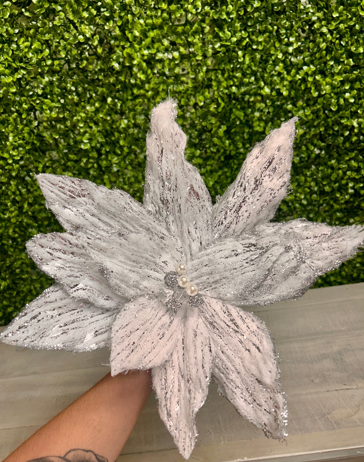 22 Inch White And Silver Poinsettia