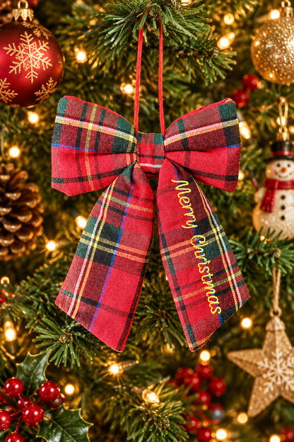 7.5 Inch Red Green Plaid Merry Christmas Bow Ornament