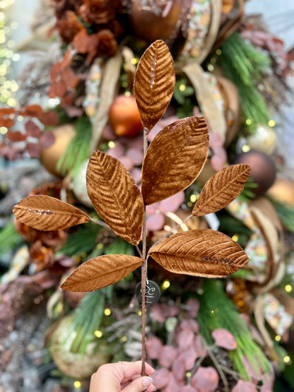 26 Inch Brown Velvet Sequin Magnolia Leaf Spray