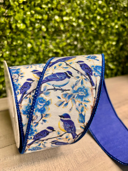 David Christopher 2.5 Inch By 10 Yard Chinoiserie Birds Ribbon With Blue Back Ribbon