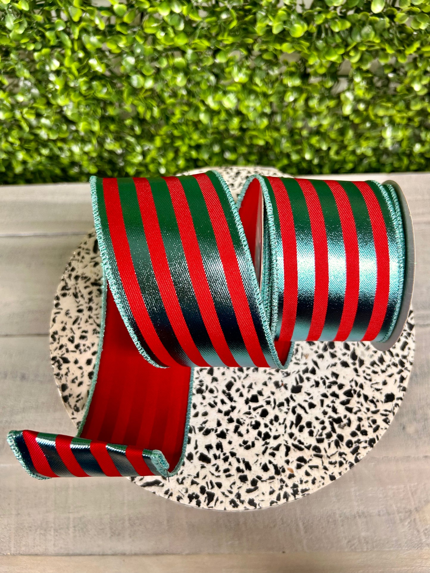 2.5 Inch By 10 Yard Red And Ice Blue Metallic Vertical Stripes Ribbon
