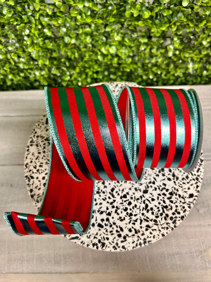 2.5 Inch By 10 Yard Red And Ice Blue Metallic Vertical Stripes Ribbon