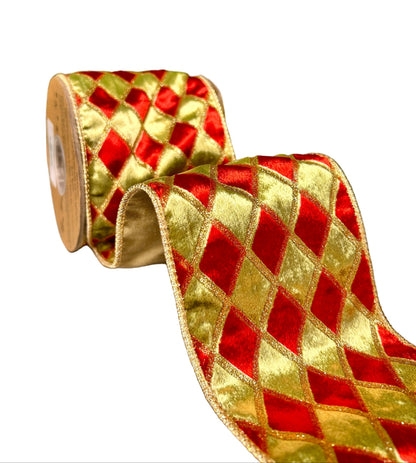 4 Inch By 5 Yard Green Red Gold Glitter Diamond Velvet Ribbon