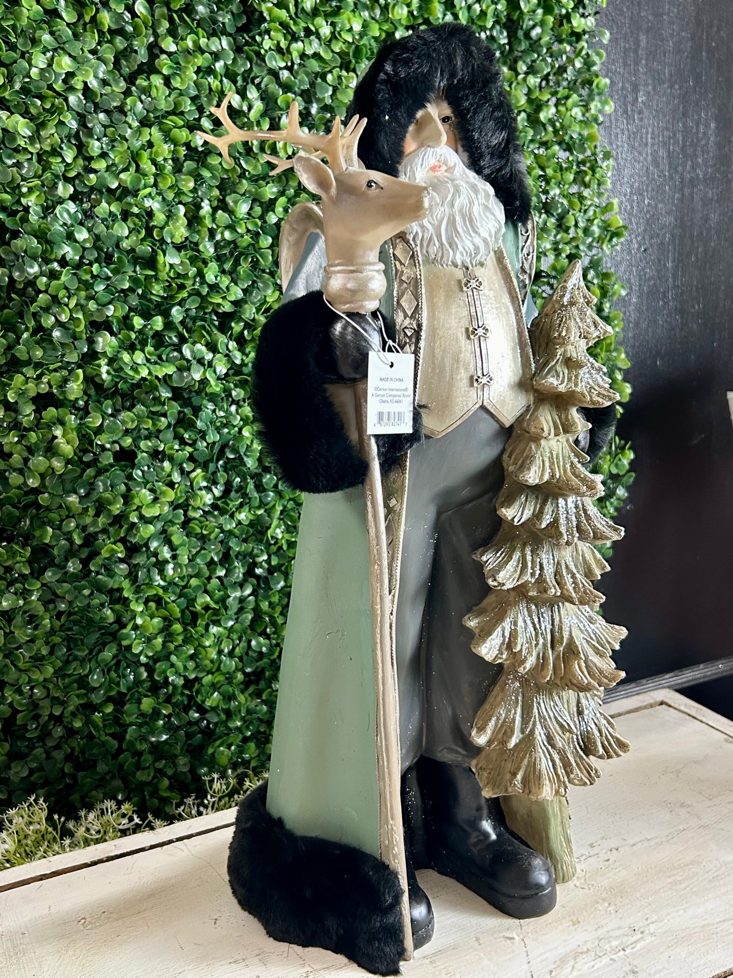 19.7 Inch Resin Santa With Reindeer Staff