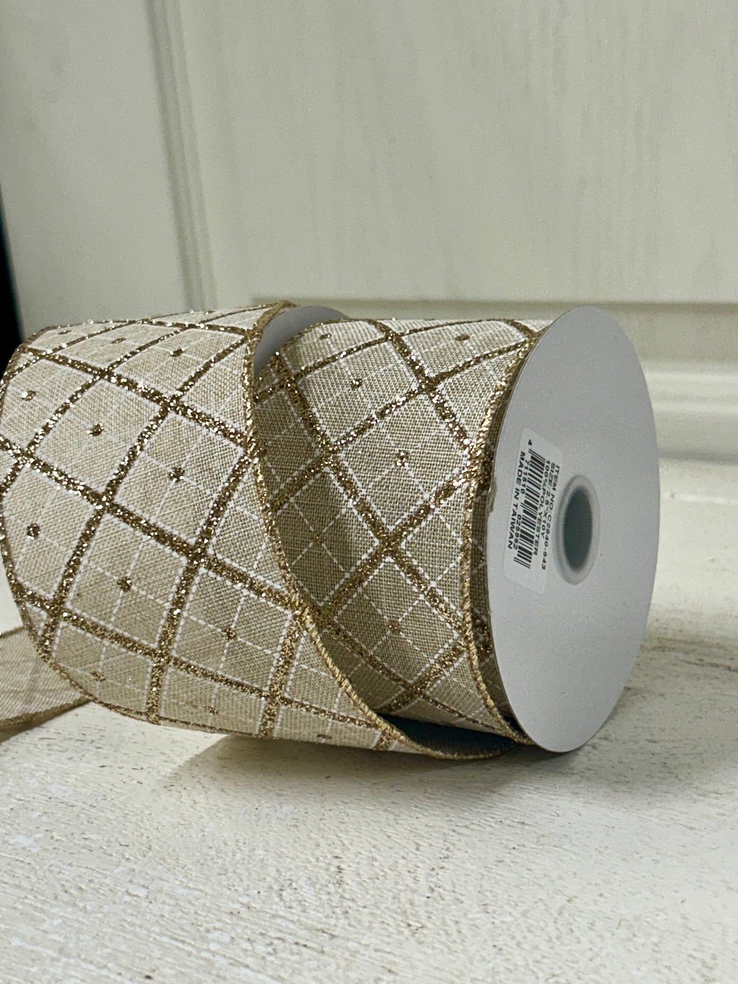 2.5 Inch By 10 Yard Champagne Gold Glitter Diagonal Plaid Ribbon