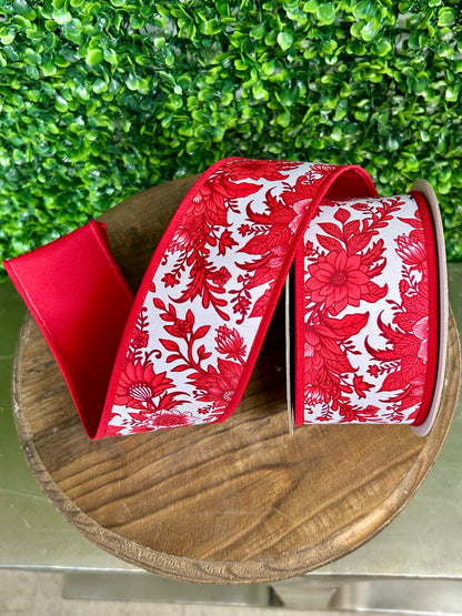 2.5 Inch By 10 Yard Red And White Chinoiserie Floral Fused Ribbon