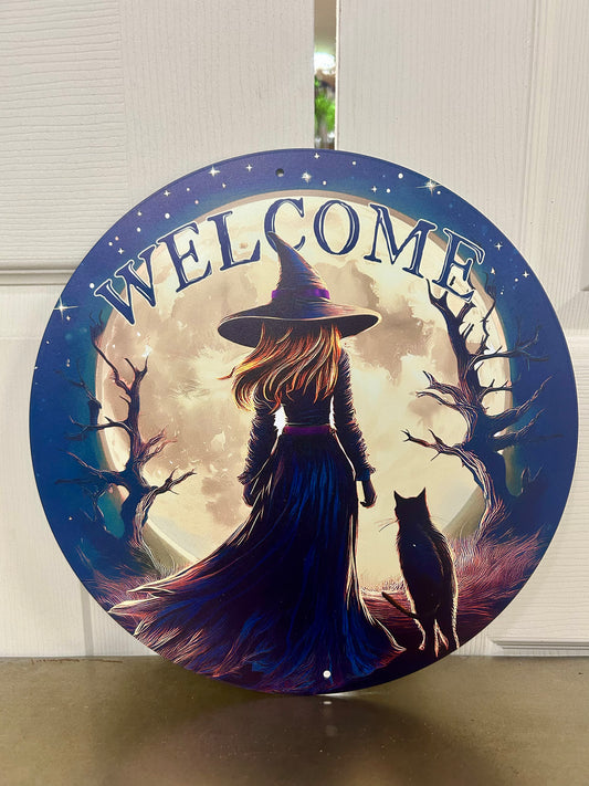 12 Inch Welcome Witch And Moon Metal Sign