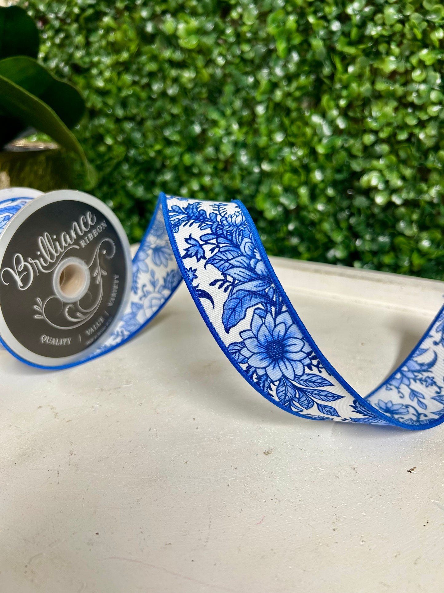 1.5 Inch By 10 Yard Blue And White Chinoiserie Florals Ribbon