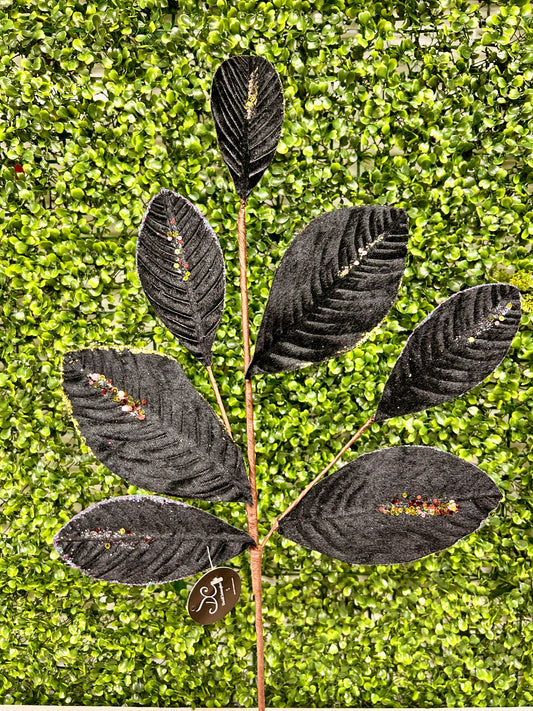 26 Inch Black Velvet Sequin Magnolia Leaf Spray