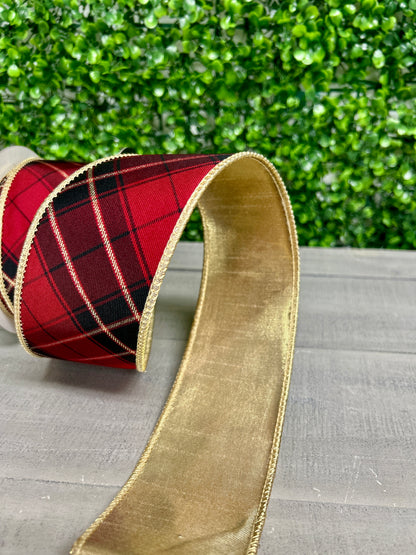 John Mark 2.5 Inch By 10 Yard Burgundy Plaid Fused Metallic Gold Backing Ribbon