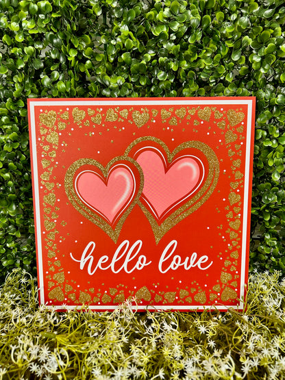 10 Inch Red And White Double Heart Hello Love Glitter Wood Sign
