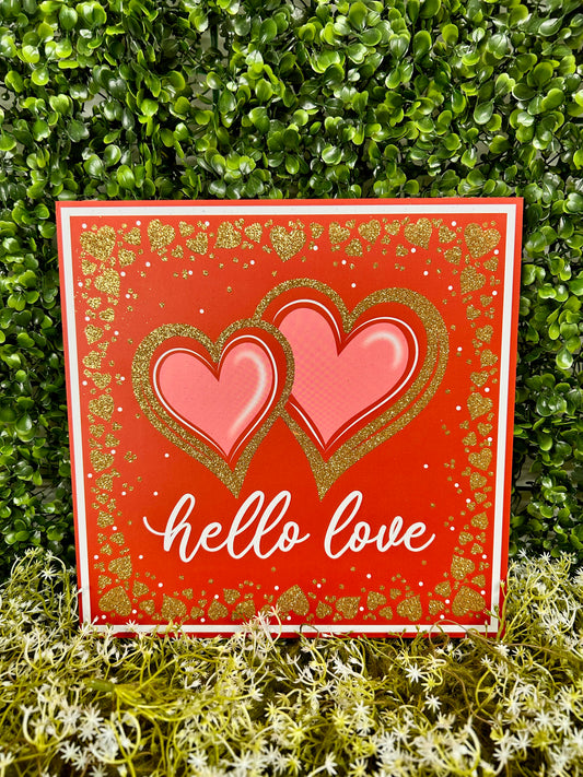 10 Inch Red And White Double Heart Hello Love Glitter Wood Sign