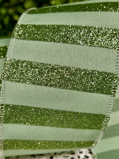 2.5 Inch By 10 Yard Sage Green Horizontal Glitter Stripes Ribbon