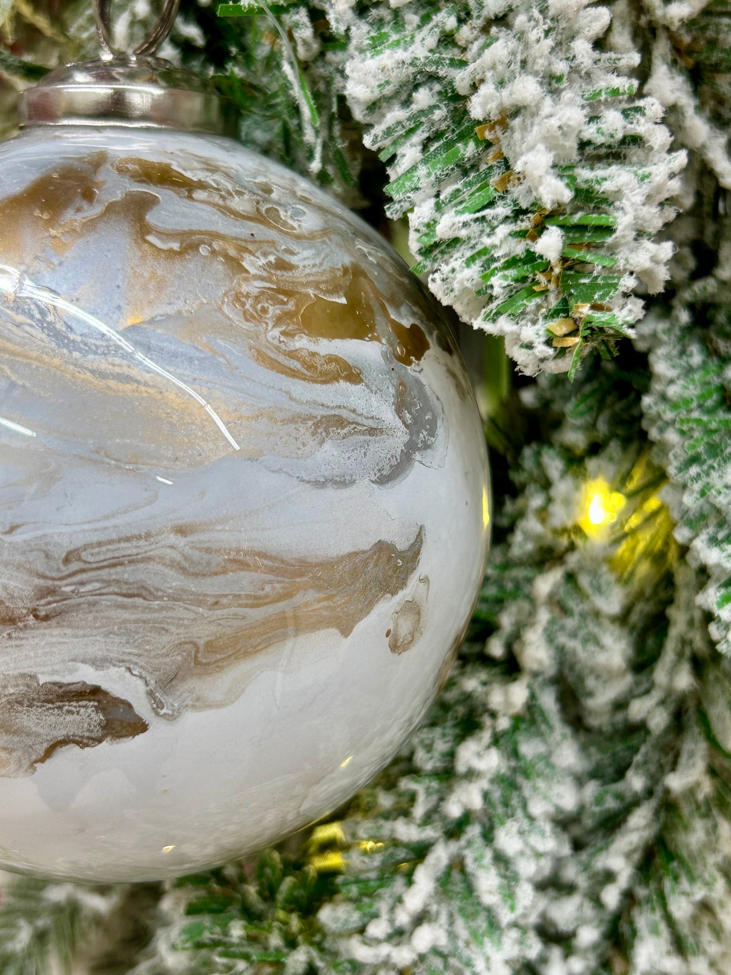 4 Inch White Gold And Silver Marble Glass Ball Ornament