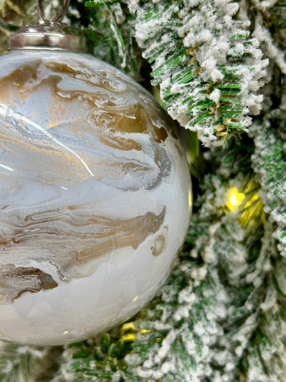 4 Inch White Gold And Silver Marble Glass Ball Ornament