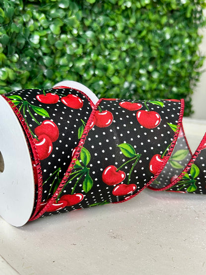 2.5 Inch By 10 Yards White Dots And Cherries Ribbon