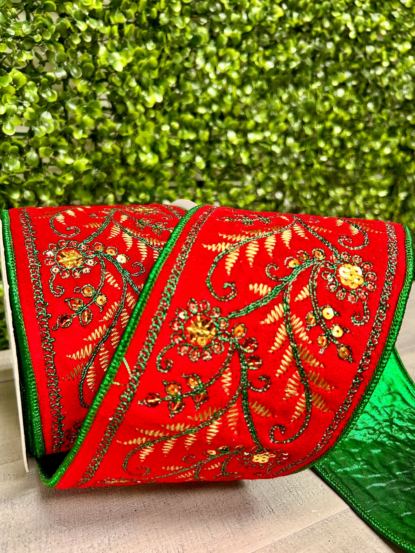 David Christopher 4 Inch By 10 Yard Green Fern Embroidery With Gold Sequins On Red Velvet With Green Back Ribbon
