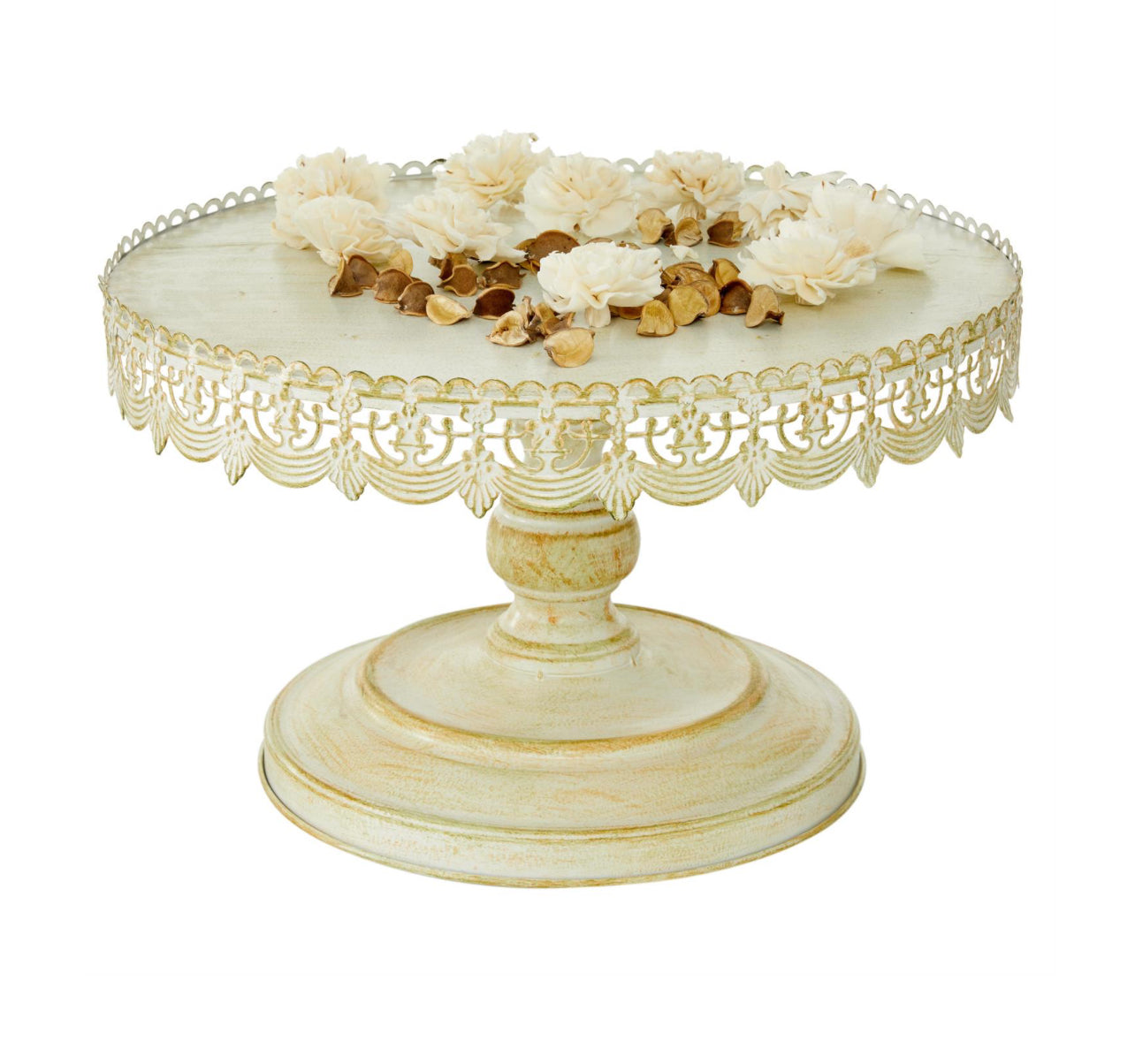 16 Inch Cream Metal Floral Decorative Cake Stand With Lace Inspired Edge