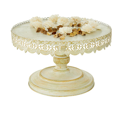 16 Inch Cream Metal Floral Decorative Cake Stand With Lace Inspired Edge