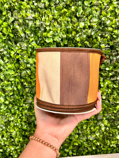 John Mark 4 Inch By 10 Yard Brown Cream Orange Dupioni Block Striped Ribbon