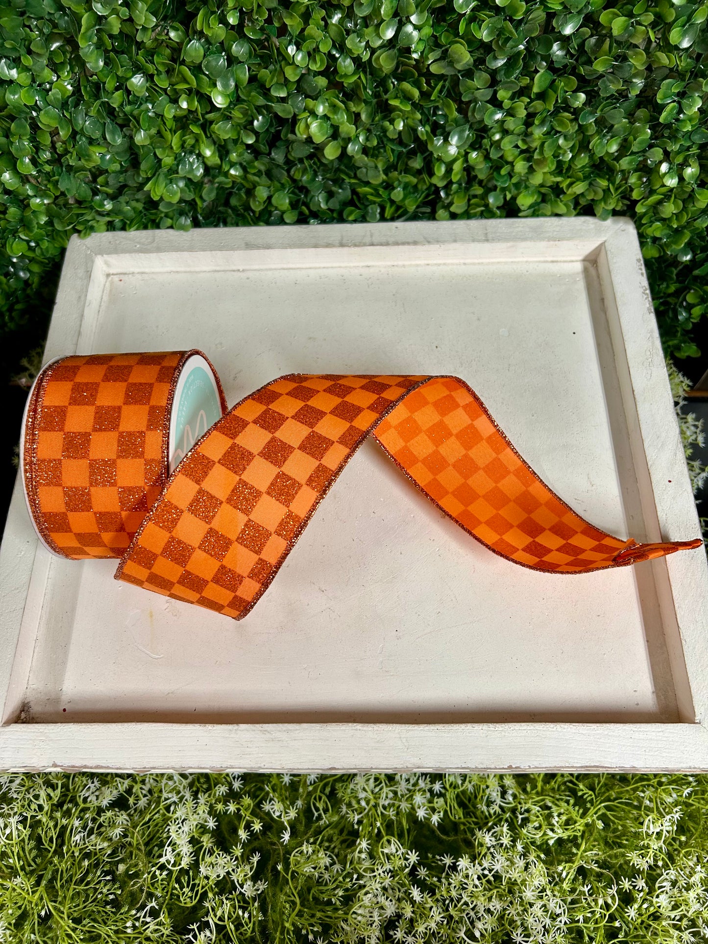 2.5 Inch By 10 Yard Orange Glitter Check Ribbon