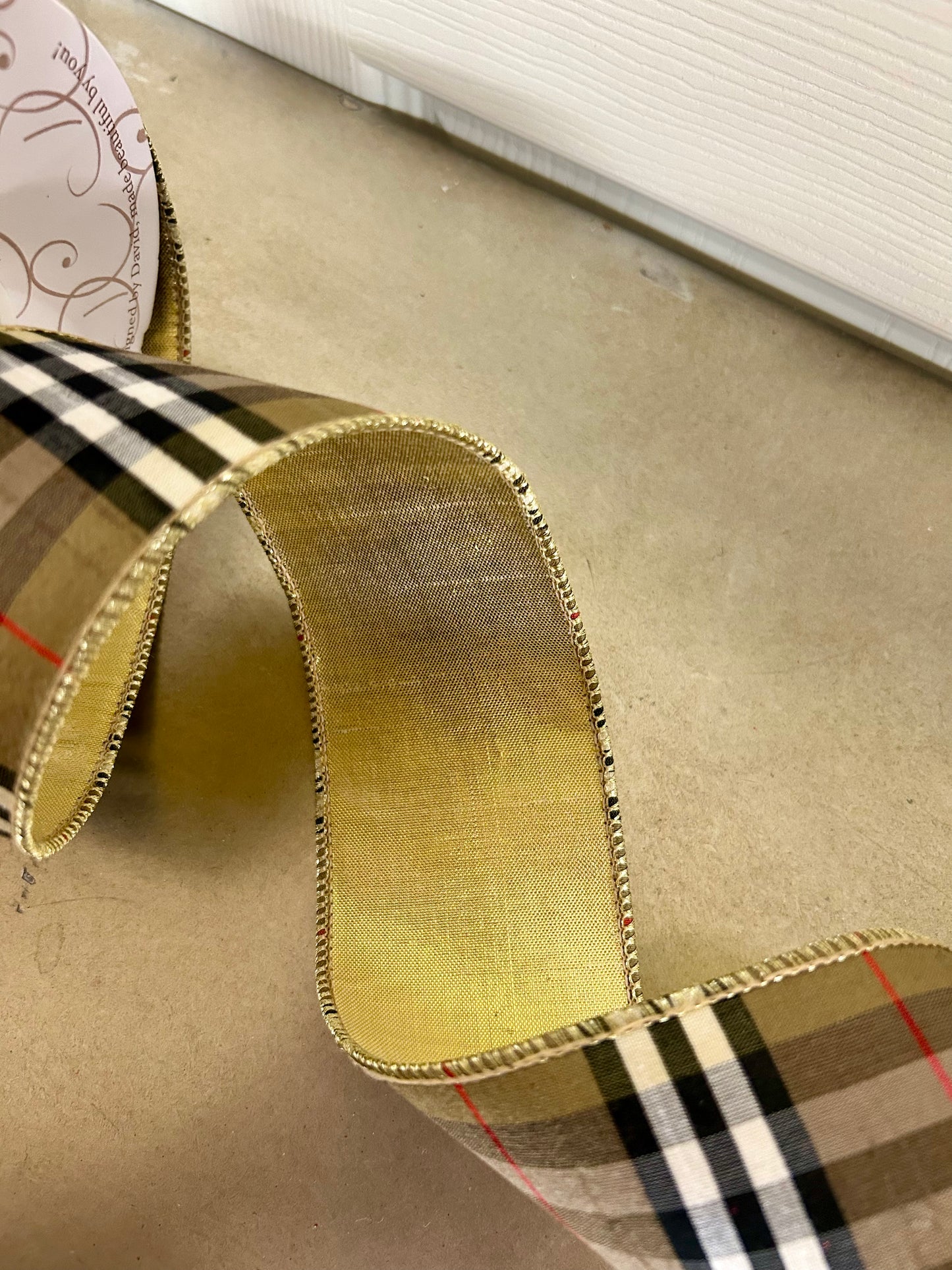 2.5 Inch By 10 Yard Burberry Black And Tan Plaid With Gold Back Ribbon