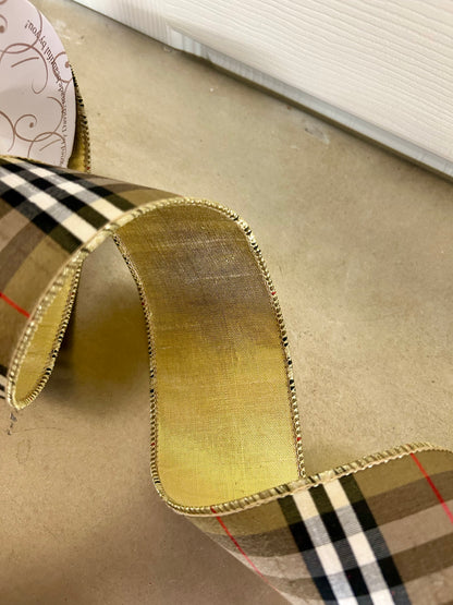 2.5 Inch By 10 Yard Burberry Black And Tan Plaid With Gold Back Ribbon