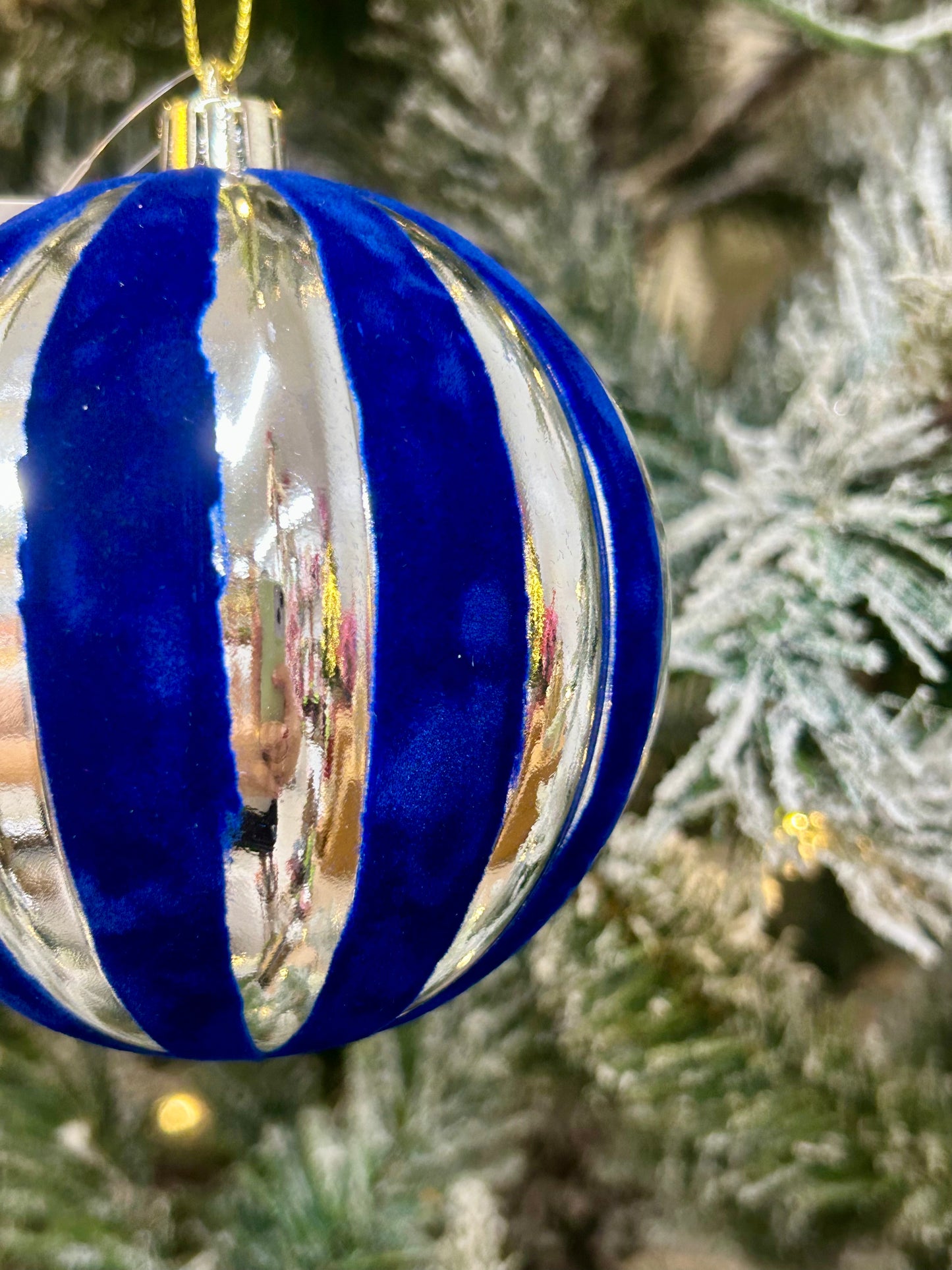 4 Inch Blue And Silver Stripe Ball Ornament