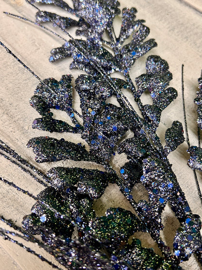 29 Inch Midnight Blue Glitter Sequin Forest Fern Spray