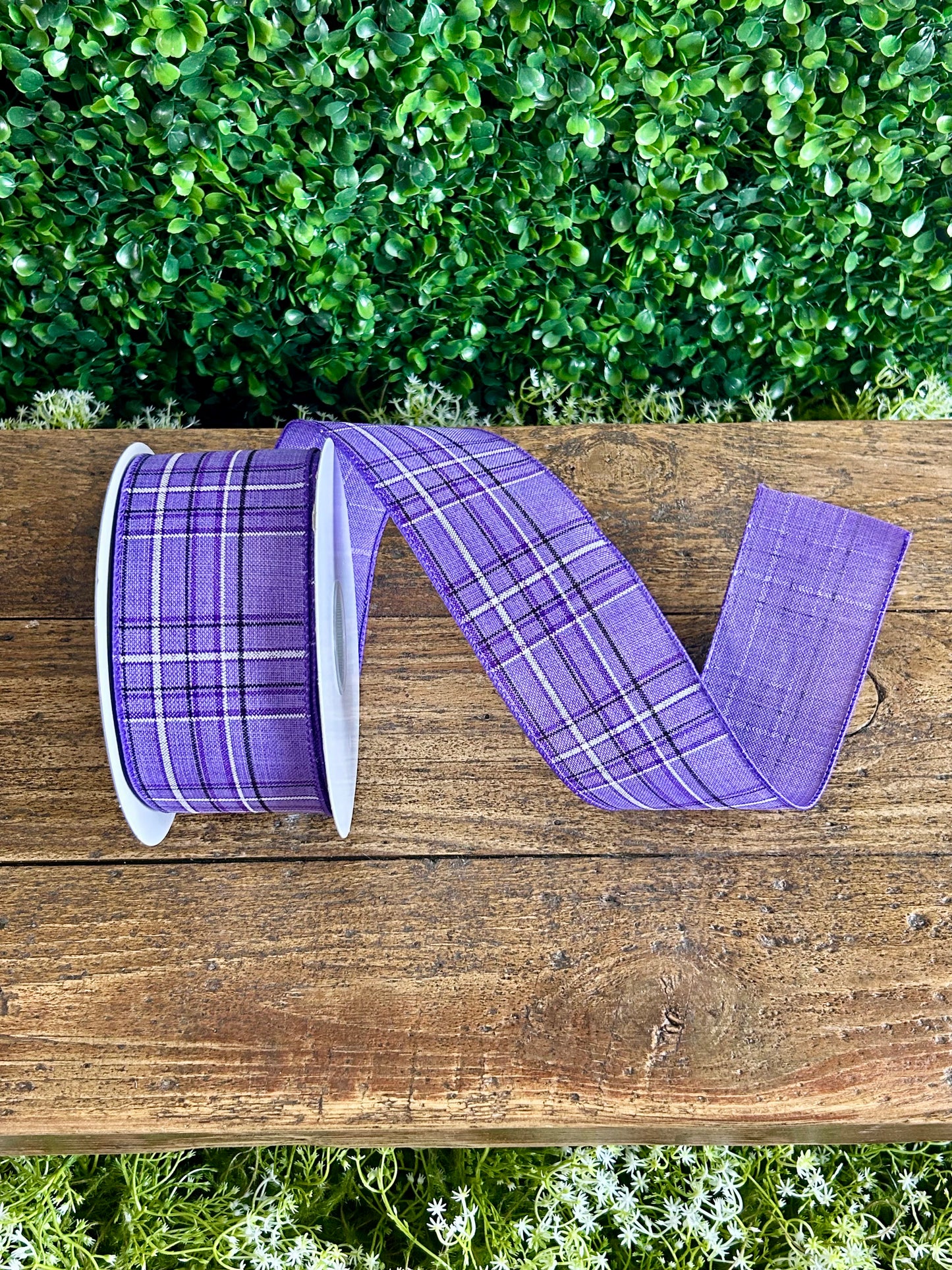 2.5 Inch By 20 Yard Purple Pinstripe Plaid Linen Ribbon