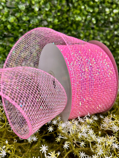 3 Inch By 20 Yards Pink Designer Netting With Iridescent Pink Glamour