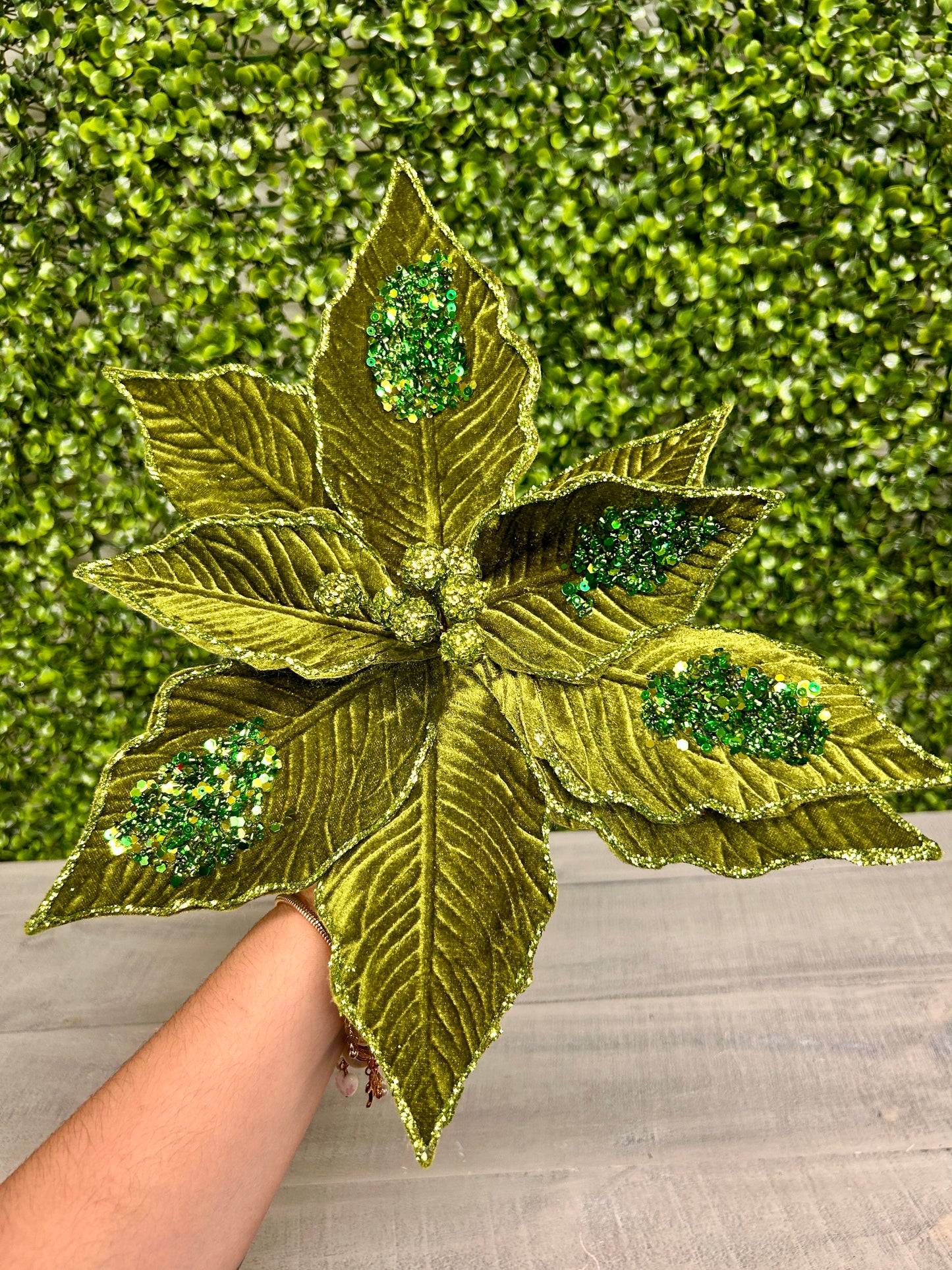 22 Inch Olive Velvet Sequined Poinsettia Stem