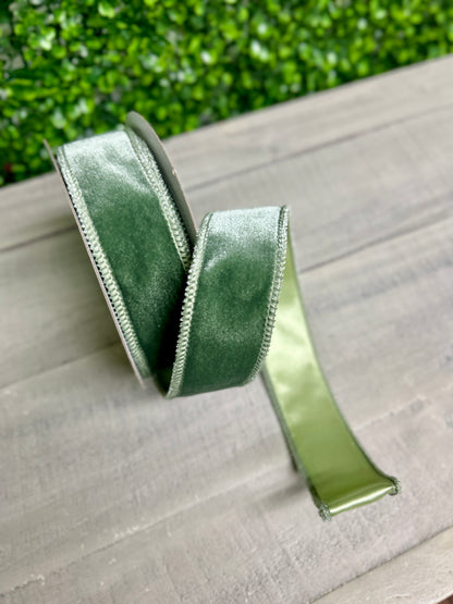 1.5 Inch By 10 Yard Sage Green Deluxe Velvet With Satin Backing Ribbon